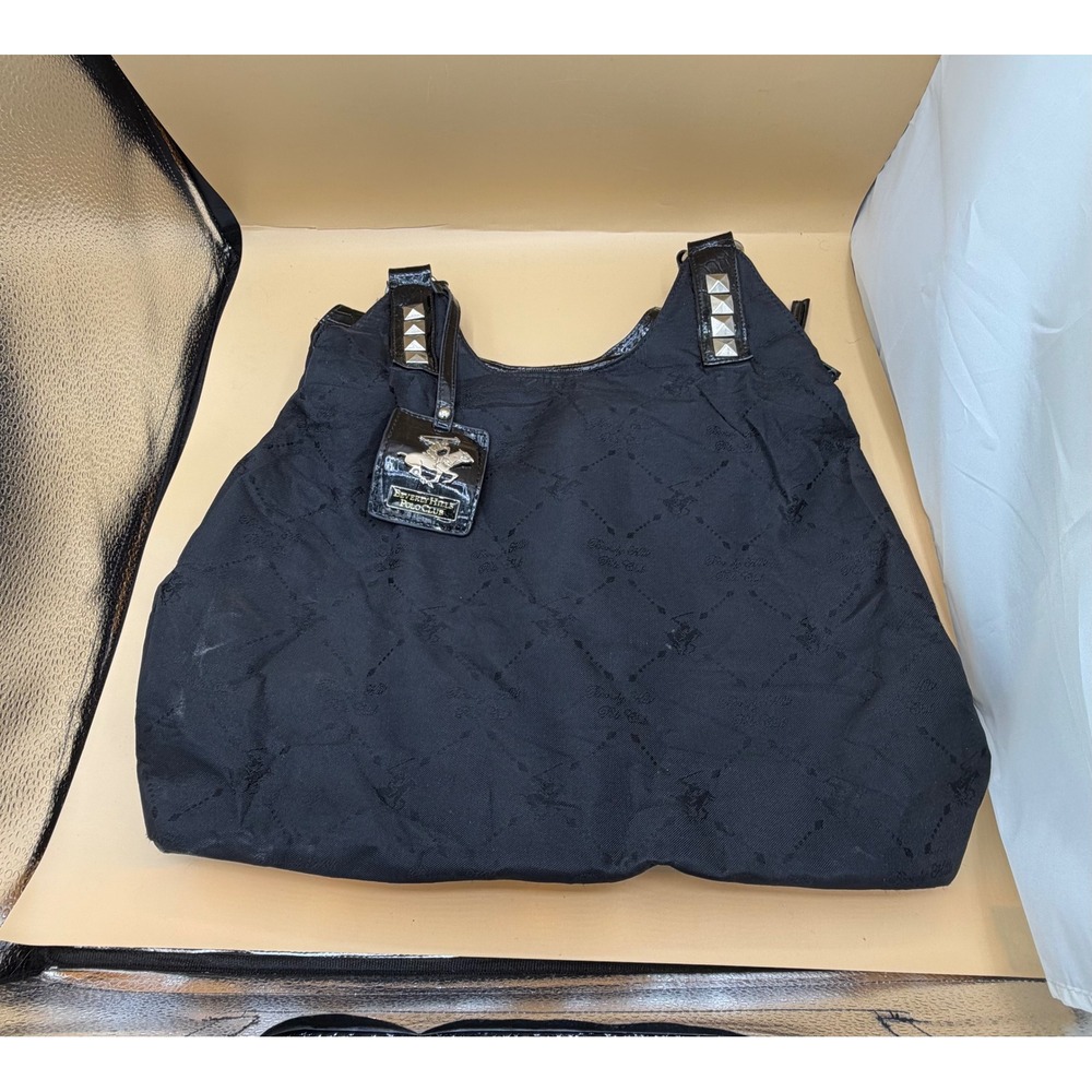 Beverly Hills Polo Club Black Jacquard Hobo Bag Croc Embossed Studded Trim - Picture 3 of 8